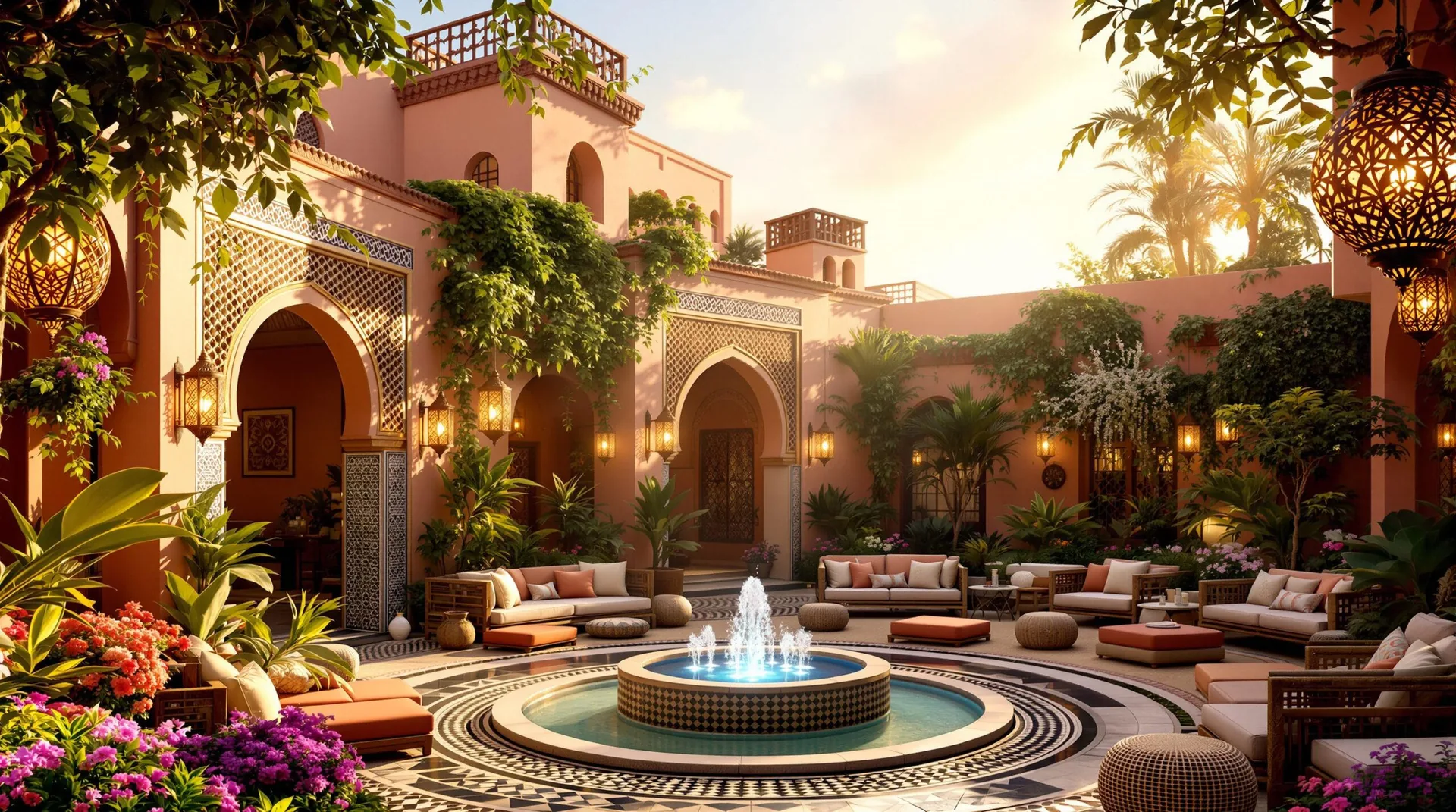 Patio d'un riad privatisé au Maroc, au coucher du soleil